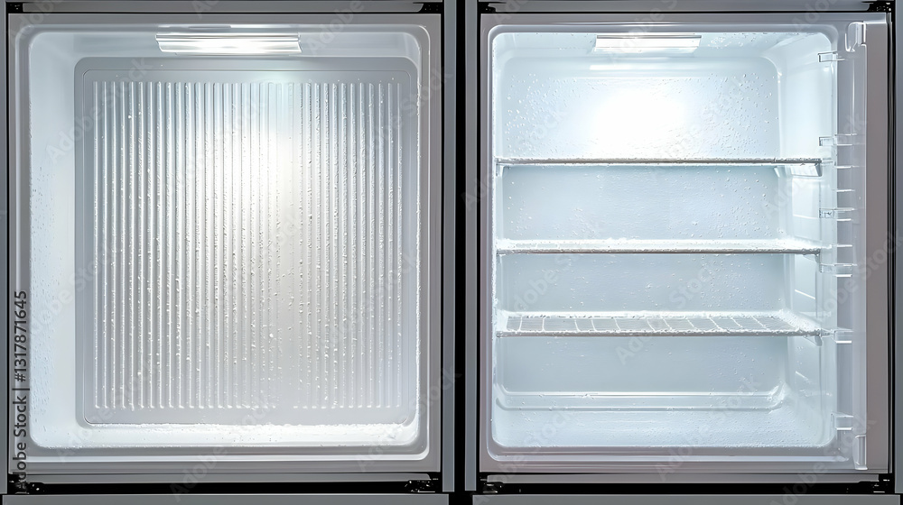 Empty White Refrigerator Interior With Illuminated Shelves And Freezing Compartment In A Modern Kitchen Setting Showcasing Cleanliness And Empty White Refrigerator Interior With Illuminated Shelves And Freezing Compartment In A Modern Kitchen Setting Showcasing Cleanliness And