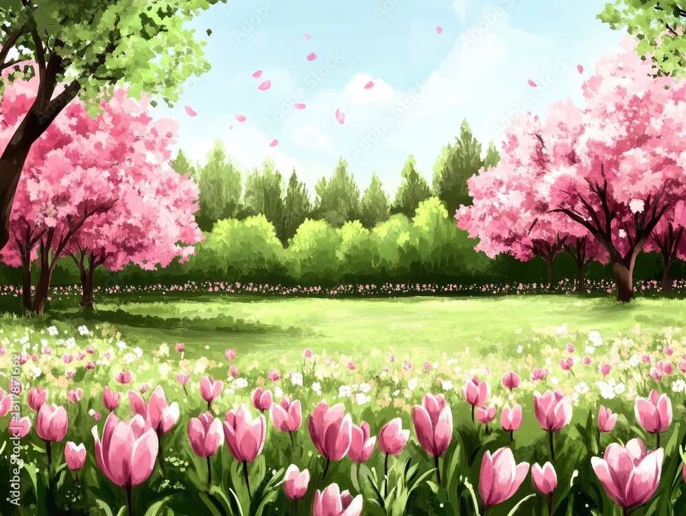 Obraz premium This whimsical artwork features a vibrant spring landscape adorned with blooming tulips, delicate blossoms, and vibrant green trees under a serene sky