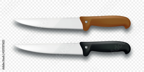 Realistic Vector 3d Kitchen Knives Set, Isolated. Chef, Utility Knife, Sharp Stainless Steel Blades with Wooden and Black Handle. Cooking Tools, Professional Kitchen Utensils, Vector Illustration