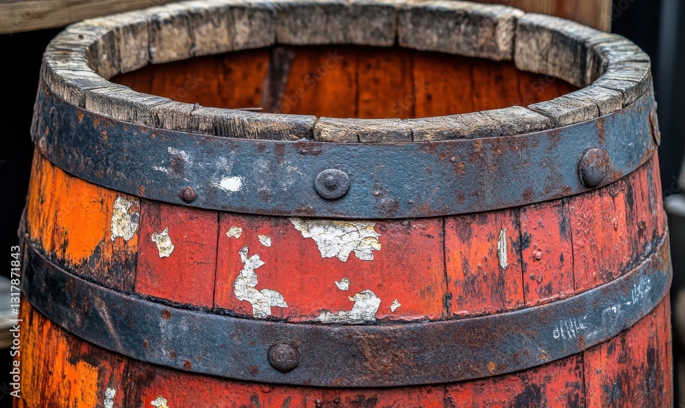 Old red wooden barrel with rusty metal bands, close-up Old red wooden barrel with rusty metal bands, close-up