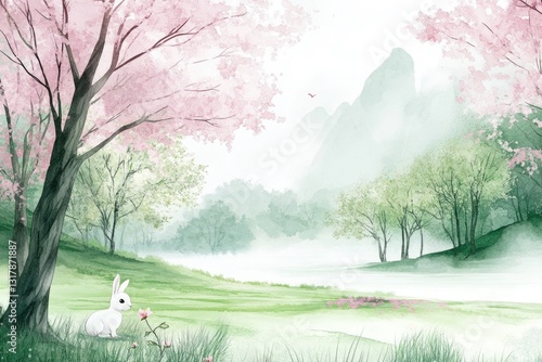 Soft pastel colors create a dreamy landscape filled with cherry blossoms and lush greenery, where a curious rabbit explores the serene beauty of springtime