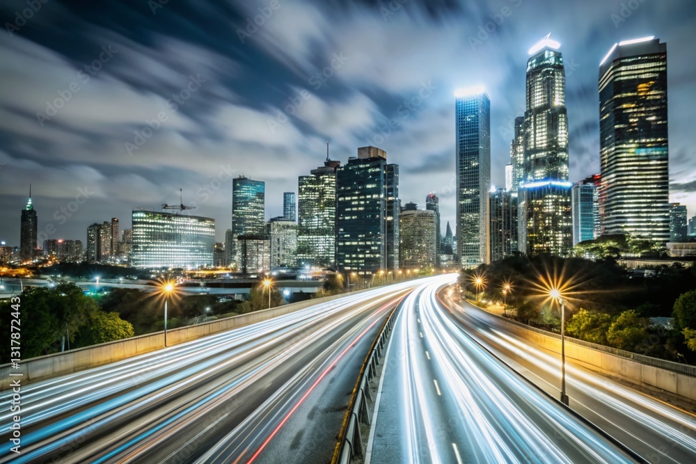 Fototapeta premium Night Cityscape: Long Exposure Highway & Skyline Lights