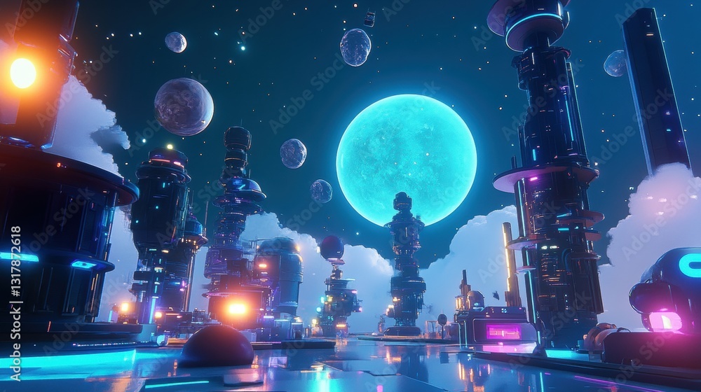 A futuristic cityscape at night, with tall buildings, glowing windows, and a large blue moon in the sky. A futuristic cityscape at night, with tall buildings, glowing windows, and a large blue moon in the sky.