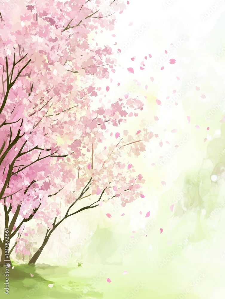 Fototapeta premium Colorful blossoms adorn gentle trees in a lush spring landscape, inviting a dreamy and whimsical atmosphere filled with soft pastel hues and delicate brushstrokes