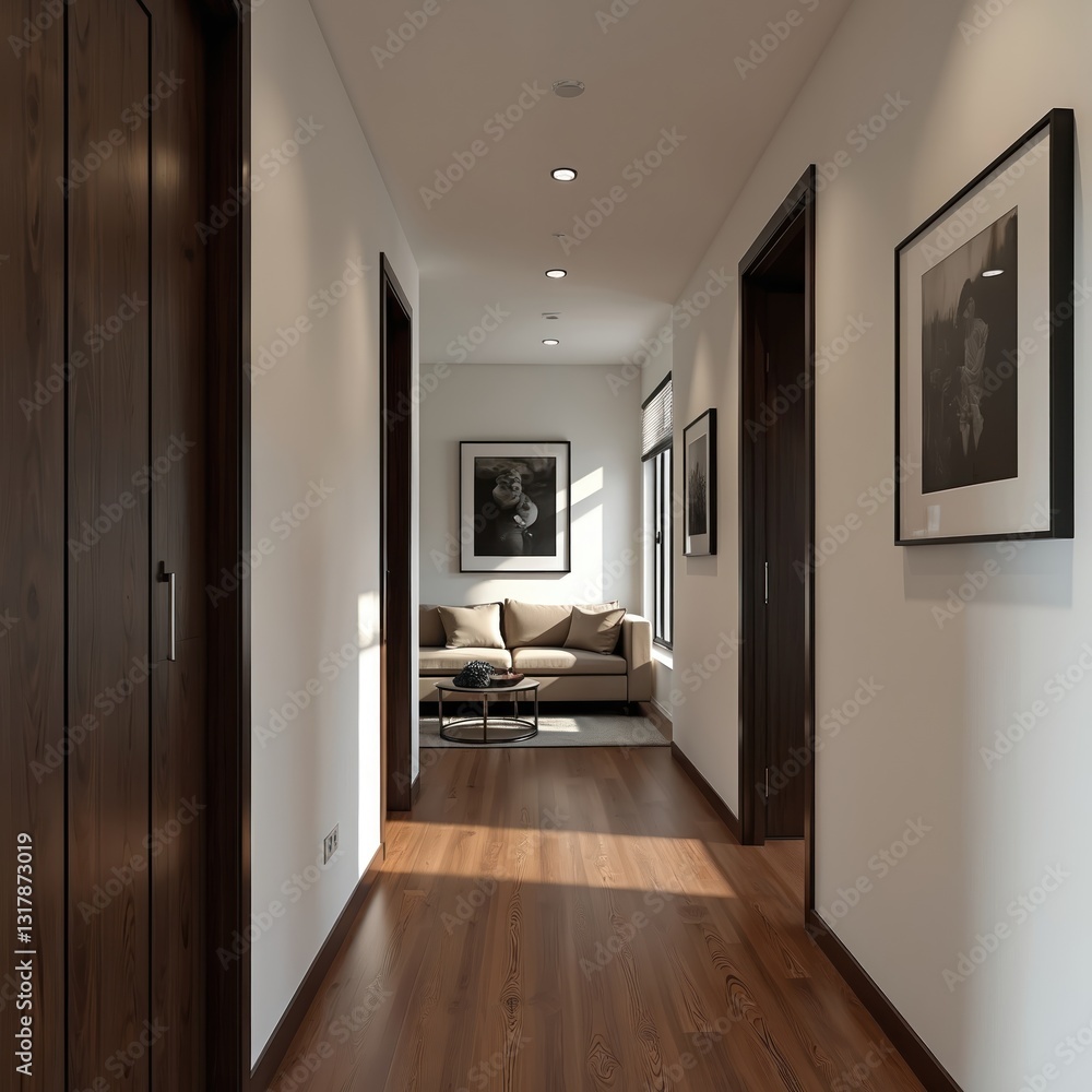 Modern flat interior with dark brown wood flooring, white walls. Hallway leads to living room with beige sofa, window, framed pictures. Minimalist design, clean lines, nobody. Stylish, comfortable Modern flat interior with dark brown wood flooring, white walls. Hallway leads to living room with beige sofa, window, framed pictures. Minimalist design, clean lines, nobody. Stylish, comfortable
