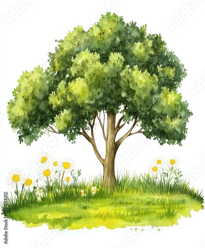 Delicate brushstrokes create a whimsical spring landscape filled with vibrant blossoms and a majestic tree, evoking a dreamlike, fairy-tale atmosphere