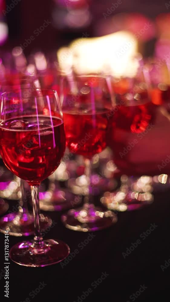 Alcohol setting on catering banquet table, row line of orange red coloured aperitif alcohol cocktails on party, negroni, spritz and others on bar counter, selection of liquor beverages on event Alcohol setting on catering banquet table, row line of orange red coloured aperitif alcohol cocktails on party, negroni, spritz and others on bar counter, selection of liquor beverages on event
