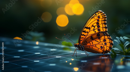 Butterfly resting on photovoltaic panel capturing sunlight in a serene outdoor setting during golden hour