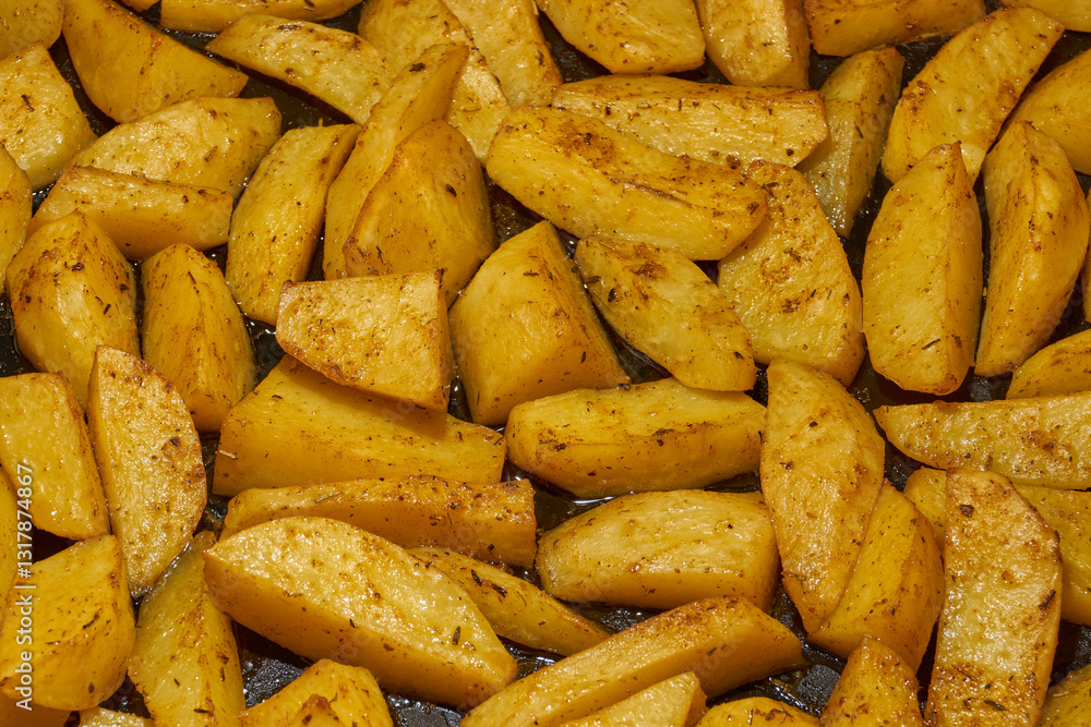 Baked potato slices with seasoning mixture. Close-up. Baked potato slices with seasoning mixture. Close-up.