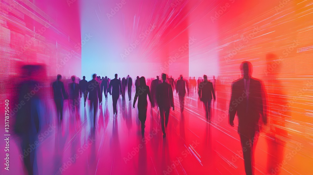 Blurred Crowd in Digital Space: Silhouettes of people move through a digital tunnel, creating an impression of data flow and information exchange. This dynamic image conveys themes of technology. Blurred Crowd in Digital Space: Silhouettes of people move through a digital tunnel, creating an impression of data flow and information exchange. This dynamic image conveys themes of technology.