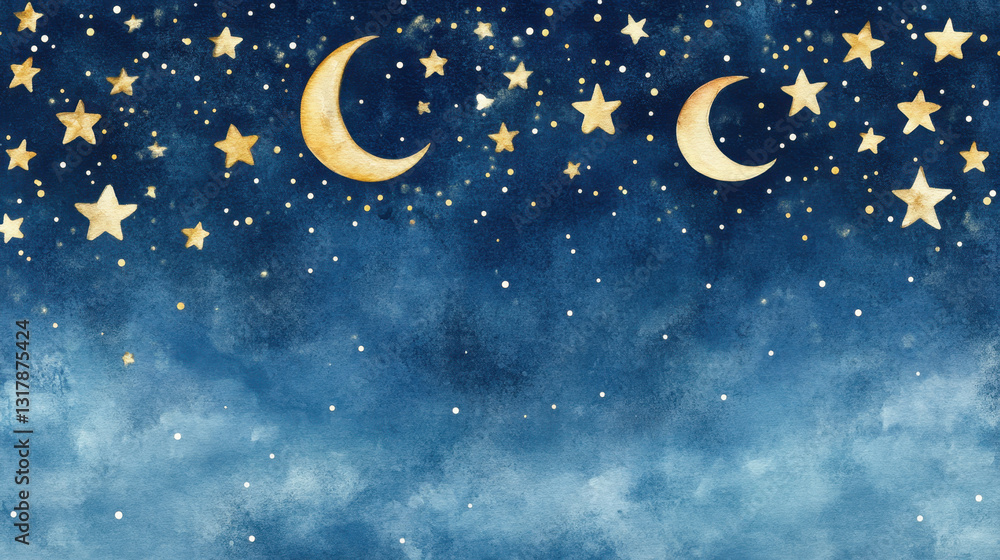 Naklejka premium Magical Night Sky with Golden Moons and Shining Stars Background