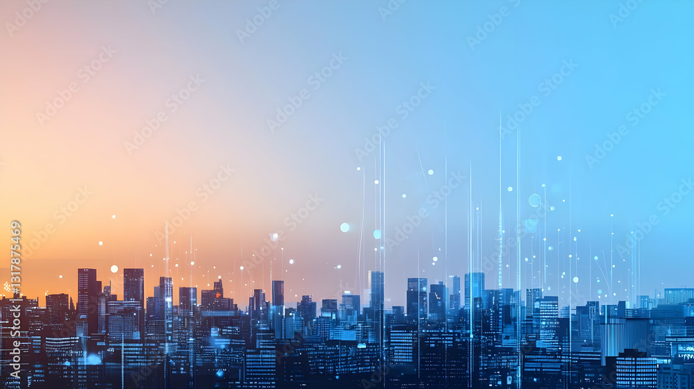 Fototapeta premium Panoramic Cityscape At Dusk With Illuminated Buildings And Technological Data Flowing Across The Skyline In Shades Of Orange Blue and Purple