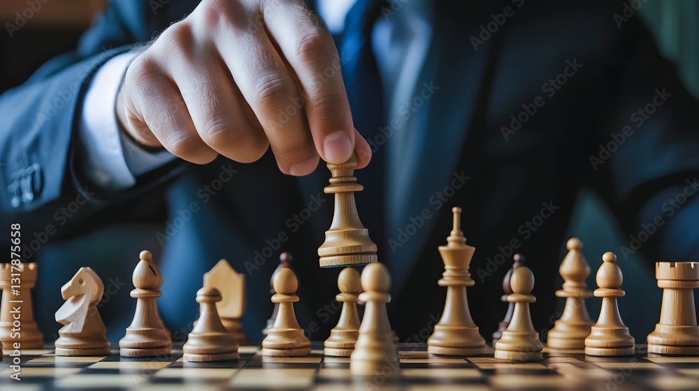 Strategic Move: A close-up shot showcasing a businessman making a decisive move on a chessboard, symbolizing strategic planning, decision-making, and the pursuit of goals. Strategic Move: A close-up shot showcasing a businessman making a decisive move on a chessboard, symbolizing strategic planning, decision-making, and the pursuit of goals.