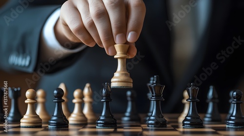Wallpaper Mural Strategic Move: a close-up shot captures a hand placing a chess piece on the board, symbolizing strategic decision-making and calculated action in business or life.  Torontodigital.ca