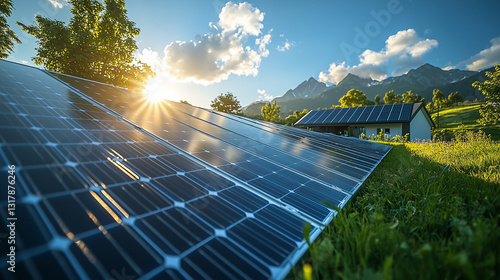 Solar panels capture sunlight on a sunny morning in a mountain landscape with lush greenery