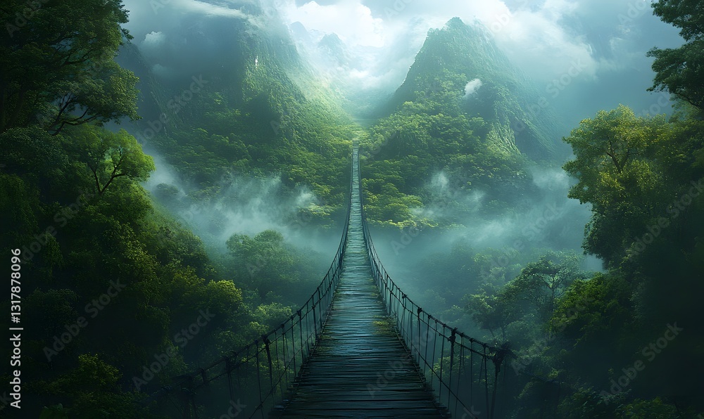 Obraz premium Suspension Bridge Through Lush Green Mountains and Misty Forests