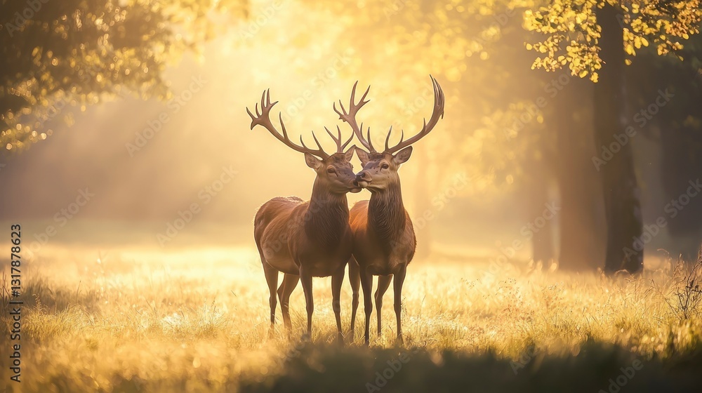 Two male red deer stand side by side in the grass, their antlers lit by the golden sunlight Two male red deer stand side by side in the grass, their antlers lit by the golden sunlight