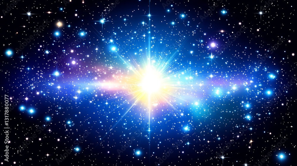Brilliant star exploding with numerous shimmering celestial bodies in space Brilliant star exploding with numerous shimmering celestial bodies in space