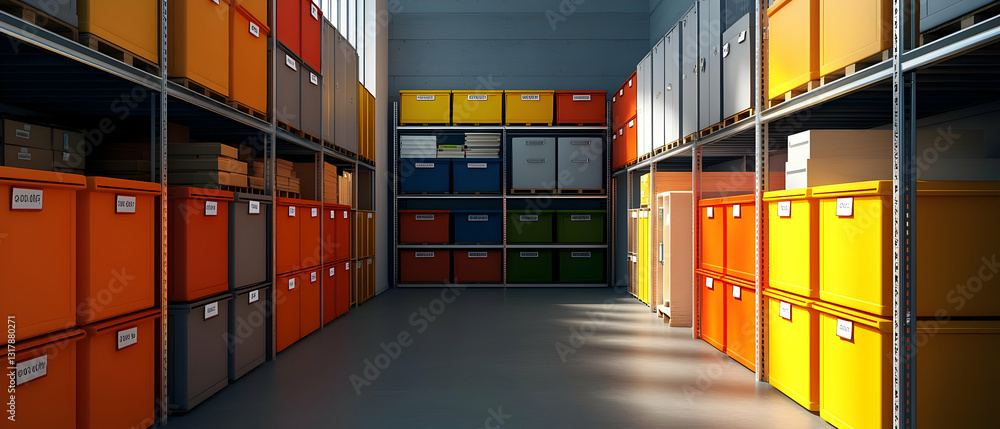 Fototapeta premium Warehouse Interior With Colorful Storage Bins Organized On Metal Shelves In A Modern Industrial Building With Sunlight