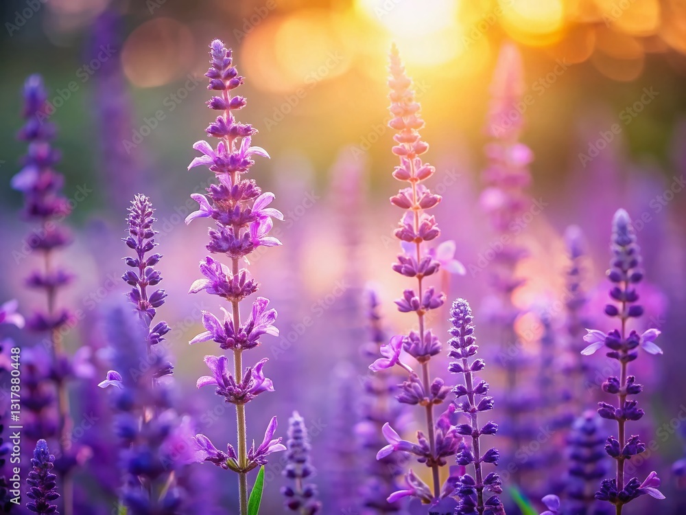 Obraz premium Vibrant Purple Salvia Flowers in Soft Sunlight - Minimalist Impressionistic Stock Photo