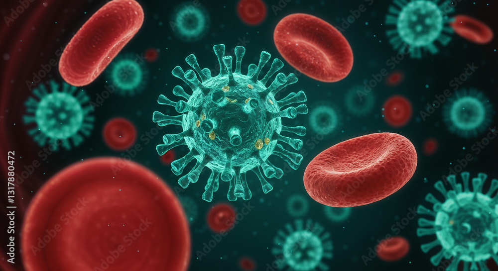 Microscopic 3D Virus View - Corona virus And Red Blood Cells In Dark Teal Background Microscopic 3D Virus View - Corona virus And Red Blood Cells In Dark Teal Background