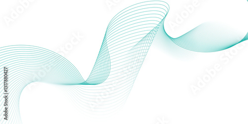 A dynamic abstract design featuring teal-colored, layered lines creating flowing wave patterns against a white background.