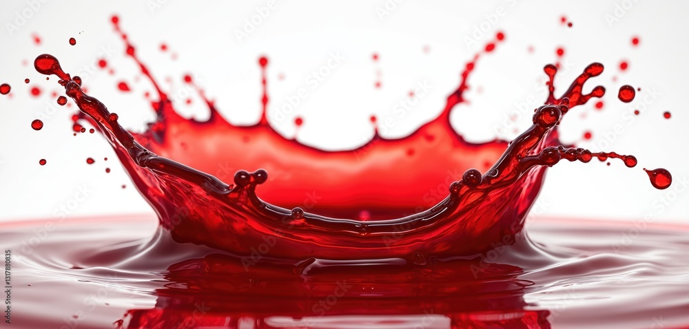 Macro photo of vibrant red liquid splash with droplets. Fluid motion creates crown shape on white surface. Splatter of blood, juice, wine or dynamic drink, beverage, paint explosion. Macro photo of vibrant red liquid splash with droplets. Fluid motion creates crown shape on white surface. Splatter of blood, juice, wine or dynamic drink, beverage, paint explosion.