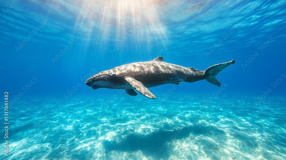 Fototapeta premium Whale swimming ocean sunlit shallows