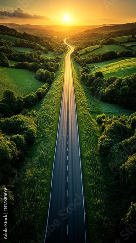 Scenic aerial view of a winding highway merging with a vibrant sunset over lush green countryside