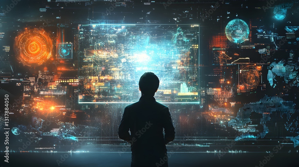 Visionary Insights: A silhouetted figure stands before a vast digital display, immersed in a world of data and technological innovation. Capturing the essence of human-computer interaction. Visionary Insights: A silhouetted figure stands before a vast digital display, immersed in a world of data and technological innovation. Capturing the essence of human-computer interaction.