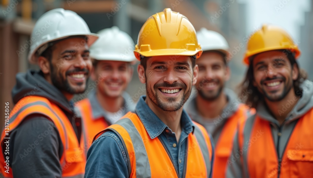 Portrait of smiling engineer in diverse team on construction site. Men wear helmets, safety vests, work together on project. Construction workers collaborate. Building industry, architecture, civil Portrait of smiling engineer in diverse team on construction site. Men wear helmets, safety vests, work together on project. Construction workers collaborate. Building industry, architecture, civil