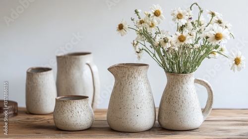 Wallpaper Mural White ceramic flower vases with speckled texture and handles, arranged on a wooden surface. Torontodigital.ca
