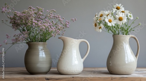 Wallpaper Mural Three vases of different shapes and sizes hold flowers against a gray background. Torontodigital.ca