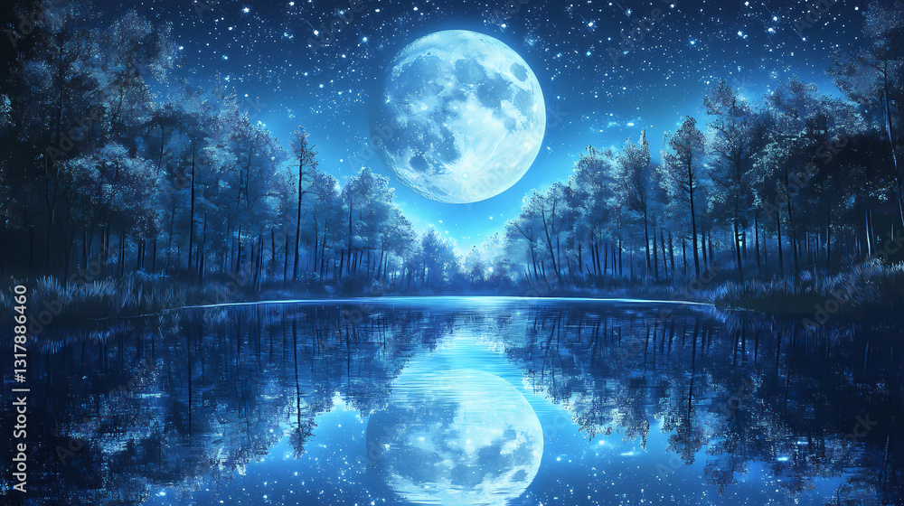 Hyperdetailed starlit forest reflections moonlit on anime background. Starlit Reflections. Illustration Hyperdetailed starlit forest reflections moonlit on anime background. Starlit Reflections. Illustration