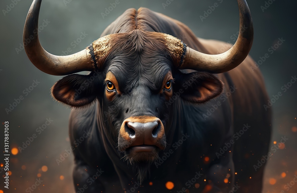 Naklejka premium Close-up of powerful muscled bull with big horns, detailed face. Dark bovine animal demonstrates force, anger, danger. Aggressive mammal illustration art, animal protection concept.