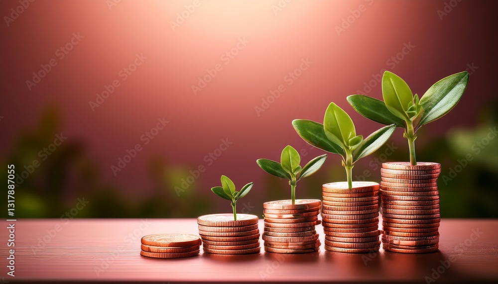 Stacks of coins with green plants symbolize financial growth and investment. Stacks of coins with green plants symbolize financial growth and investment.
