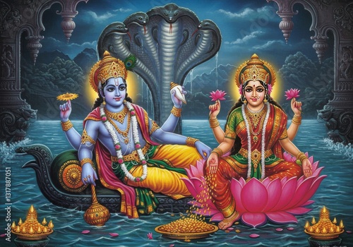 Divine Union of Lord Vishnu and Goddess Lakshmi – Seated on Sheshnag in the Celestial Ocean of Prosperity