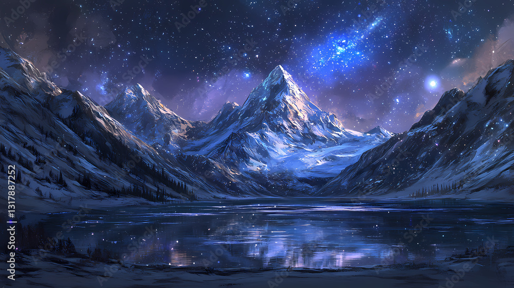 Snow-capped peaks rise majestically over a serene lake beneath a starlit deep-blue sky, creating an ethereal landscape bathed in moonlight. Starlit Reflections. Illustration Snow-capped peaks rise majestically over a serene lake beneath a starlit deep-blue sky, creating an ethereal landscape bathed in moonlight. Starlit Reflections. Illustration