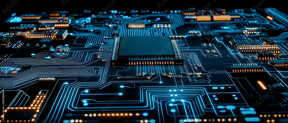 Fototapeta premium Complex Integrated Circuit Board With Blue And Orange Lights In A Dark Environment With A Central Processing Unit