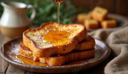 Golden brown French toast slices served on a wooden plate, topped with rich honey drizzle. Perfect for a cozy and flavorful homemade breakfast or brunch on a rustic setting