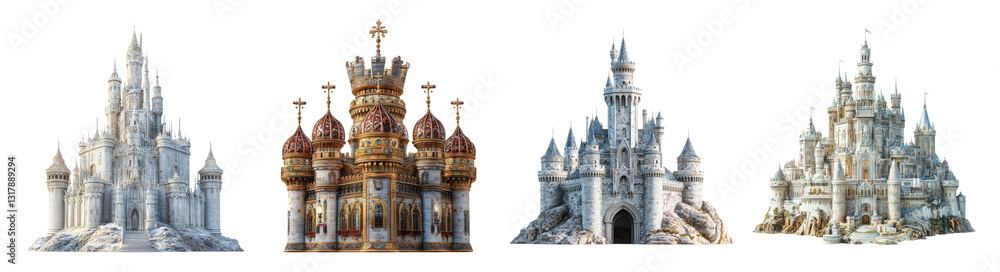 Obraz premium Enchanted Fantasy Castles in Various Architectural Styles, PNG bundle collection, Isolated on Transparent Background