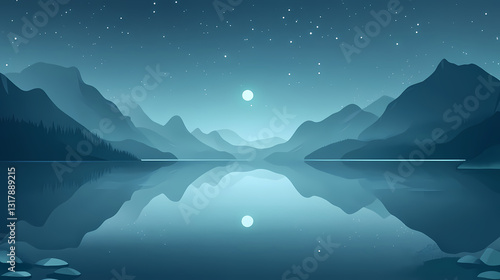 A tranquil moonlit landscape with reflections on a calm lake, surrounded by misty mountains and a starlit night sky. Starlit Reflections. Illustration