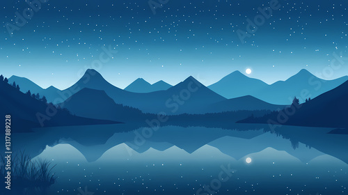 A tranquil moonlit landscape with reflections on a calm lake, surrounded by misty mountains and a starlit night sky. Starlit Reflections. Illustration