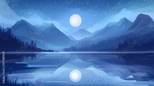 A tranquil moonlit landscape with reflections on a calm lake, surrounded by misty mountains and a starlit night sky. Starlit Reflections. Illustration