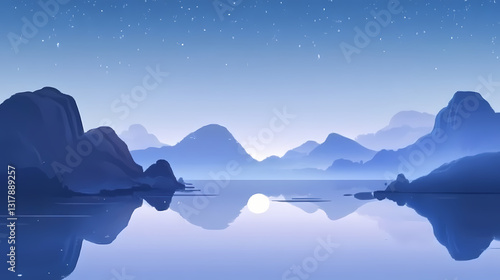 A tranquil moonlit landscape with reflections on a calm lake, surrounded by misty mountains and a starlit night sky. Starlit Reflections. Illustration