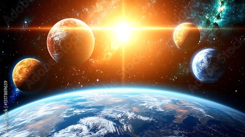 Fototapeta Naklejka Na Ścianę i Meble -  A bright sun surrounded by planets in a beautiful starry space