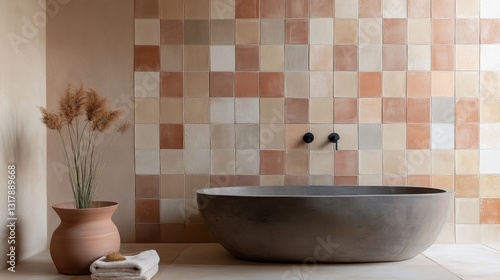 A modern bathroom with a large stone bathtub, beige tiles, and a vase of dried flowers.