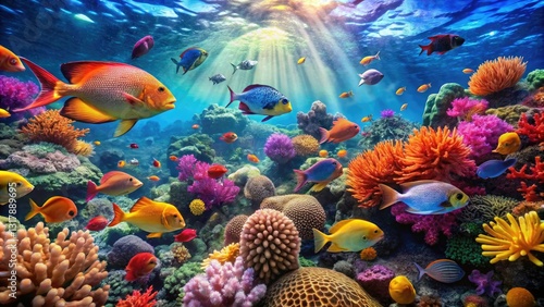 Fototapeta Naklejka Na Ścianę i Meble -  A breathtaking underwater scene with vibrant coral reefs and schools of colorful fish swimming amidst the ocean currents, nature, landscape, biodiversity, sea creatures