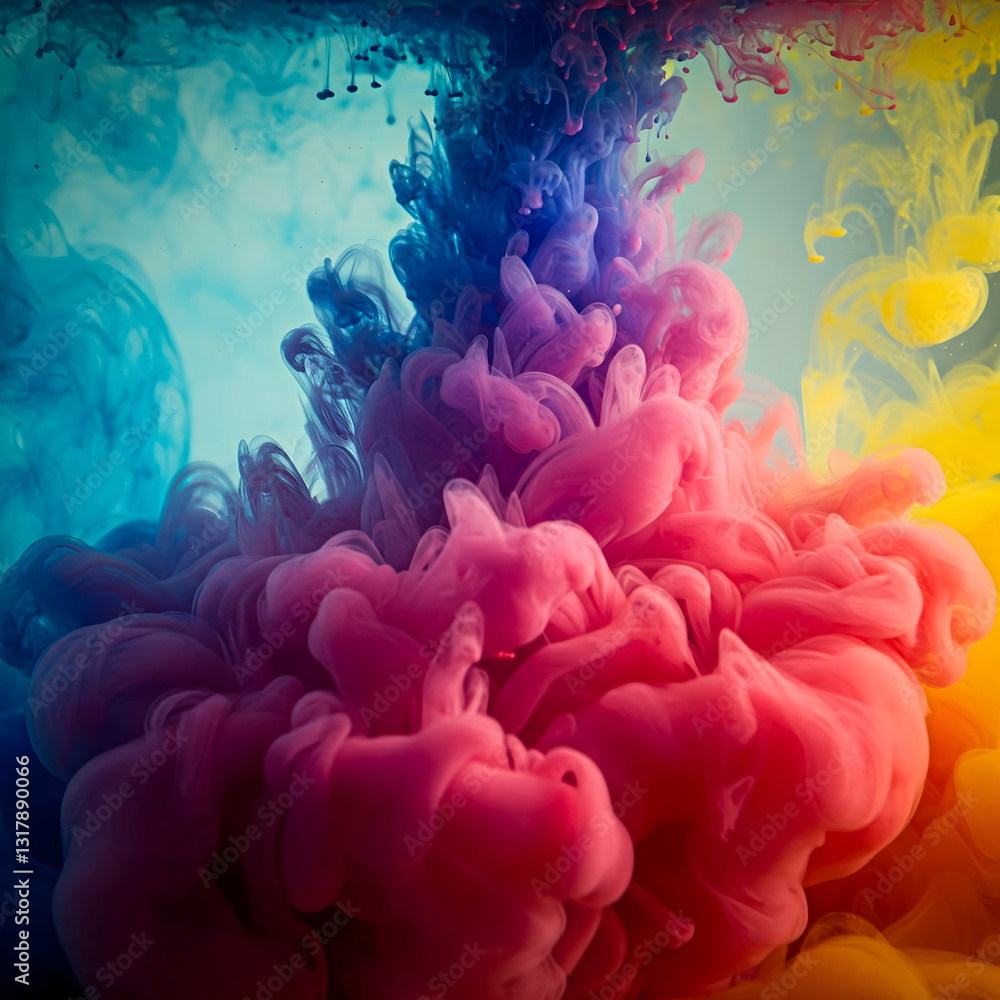 Fototapeta premium Colorful ink clouds in water, swirling patterns, vibrant hues, abstract art, liquid motion, close-up shot, ethereal feel, dreamy texture
