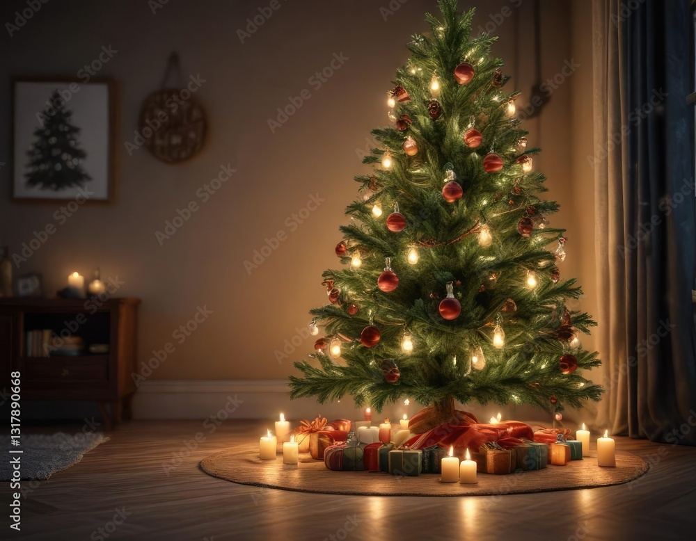 A Christmas tree with candles and ornaments lit up at night, holiday, festive, cozy A Christmas tree with candles and ornaments lit up at night, holiday, festive, cozy